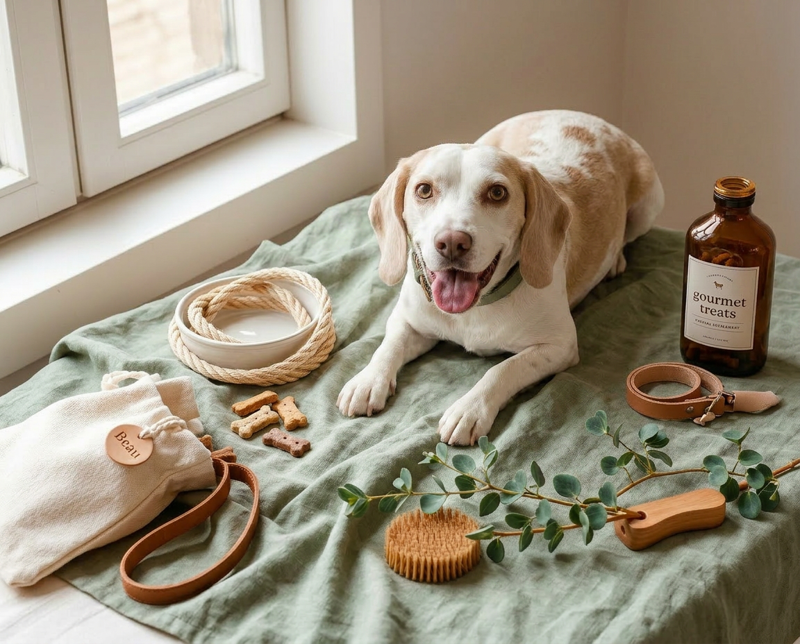 Beau's World lifestyle still life — sage and cream pet essentials